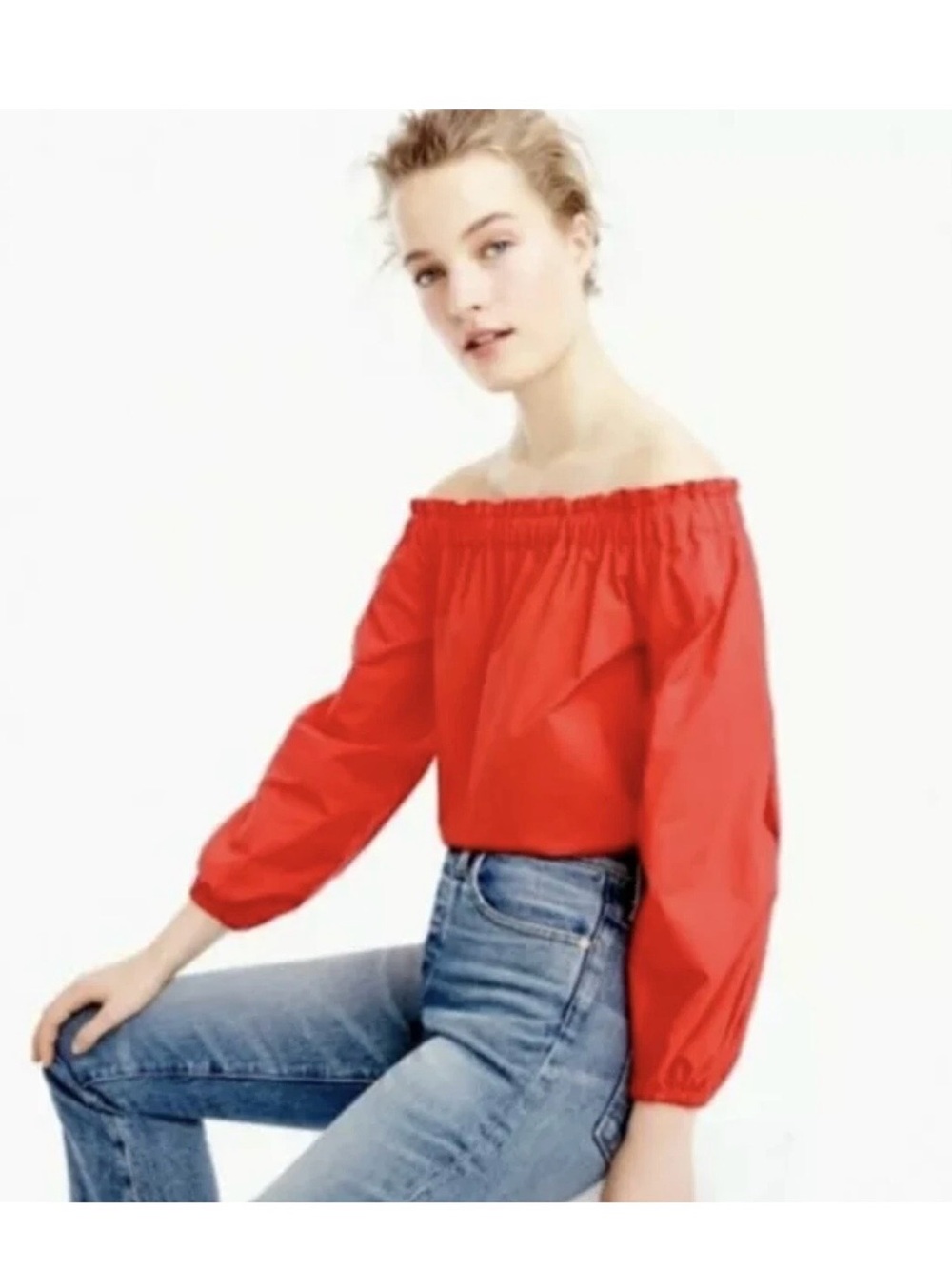 J Crew Off Shoulder Red Long Sleeve Blouse with Elastic Neckline Size 0 Womens
